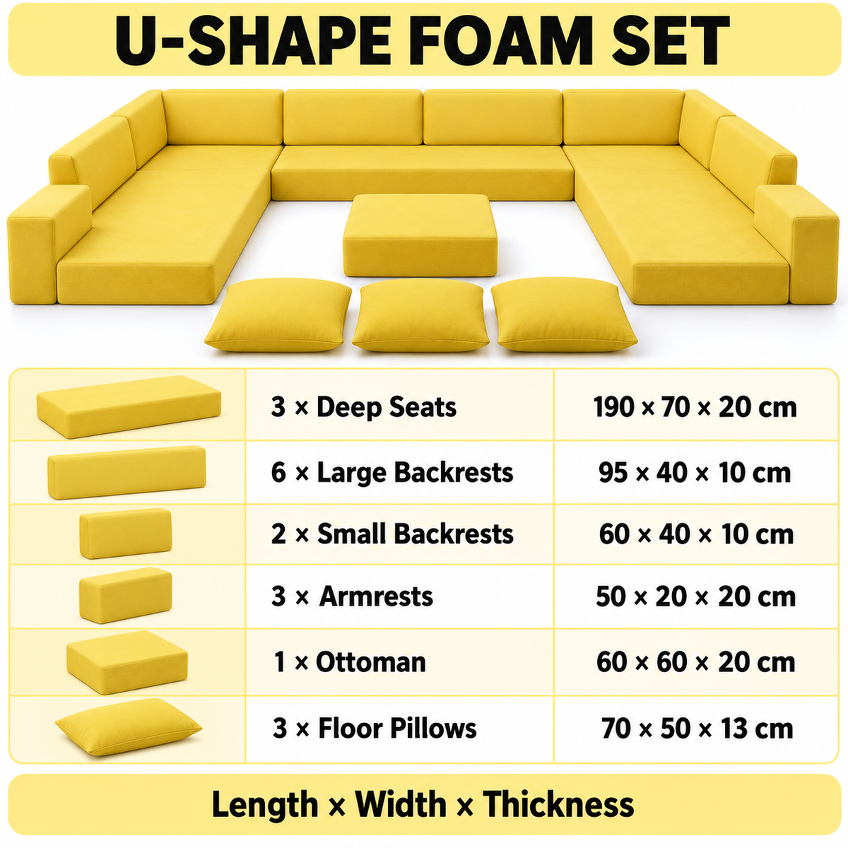 Arabic Majlis Jalsa U Shape Sofa Foam Set 20cm Deep Seat Yellow Foam Soft