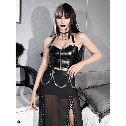 Altasawuq Gothic Y2K Halter Bat Aesthetic Summer Women Tops Streetwear Fashion Black Sleeveless Camis Grunge Punk PU Set Tank Top