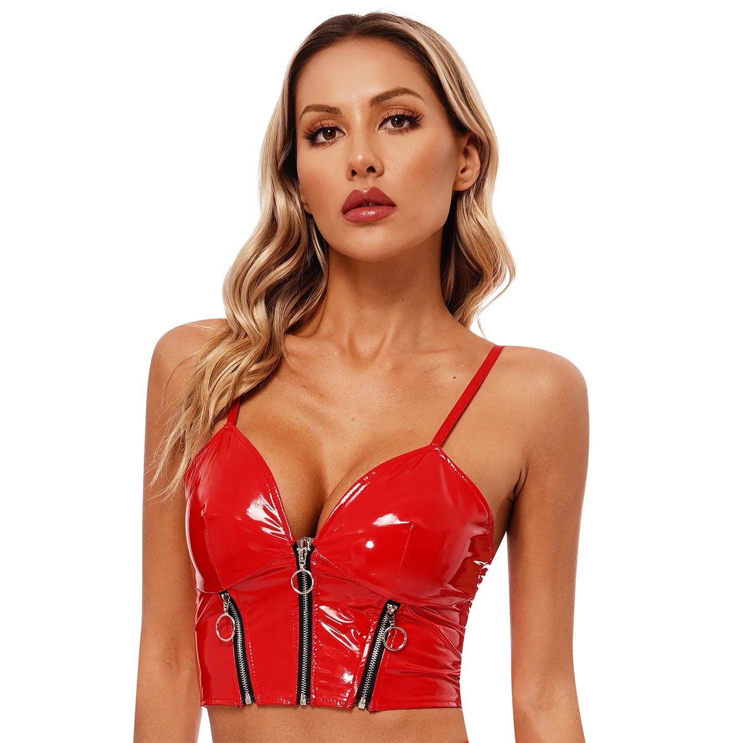 Altasawuq Womens Glossy Patent Leather Crop Top Front Zippers Backless Camisole Deep V Neck Front Zipper Backless Sling Vest Tops Clubwear