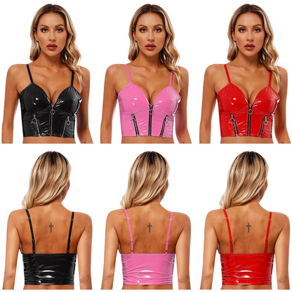 Altasawuq Womens Glossy Patent Leather Crop Top Front Zippers Backless Camisole Deep V Neck Front Zipper Backless Sling Vest Tops Clubwear