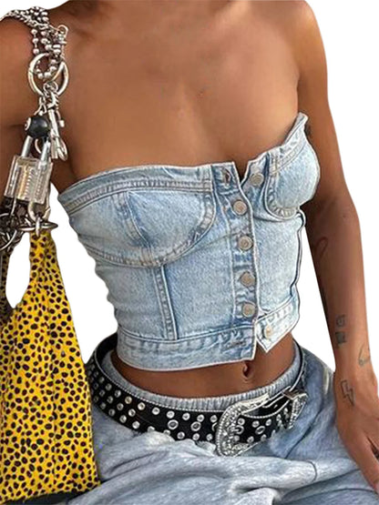 Altasawuq Women Y2K Denim Crop Top Vest Chic Backless Off Shoulder Strapless Corset Tube Top Sexy Button Up Jeans Top