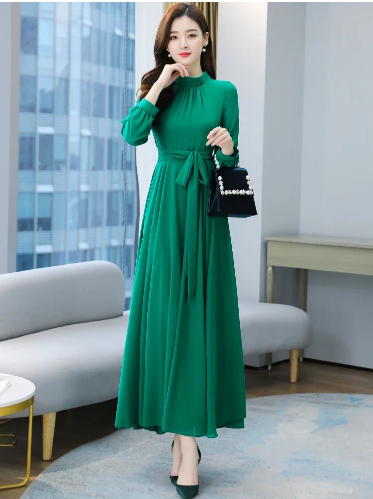 Altasawuq Spring Autumn Long Dresses Fashion Female Vintage Full Sleeve Solid A-line Casual Chiffon Dress Women Maxi Dresses Muslim Dress