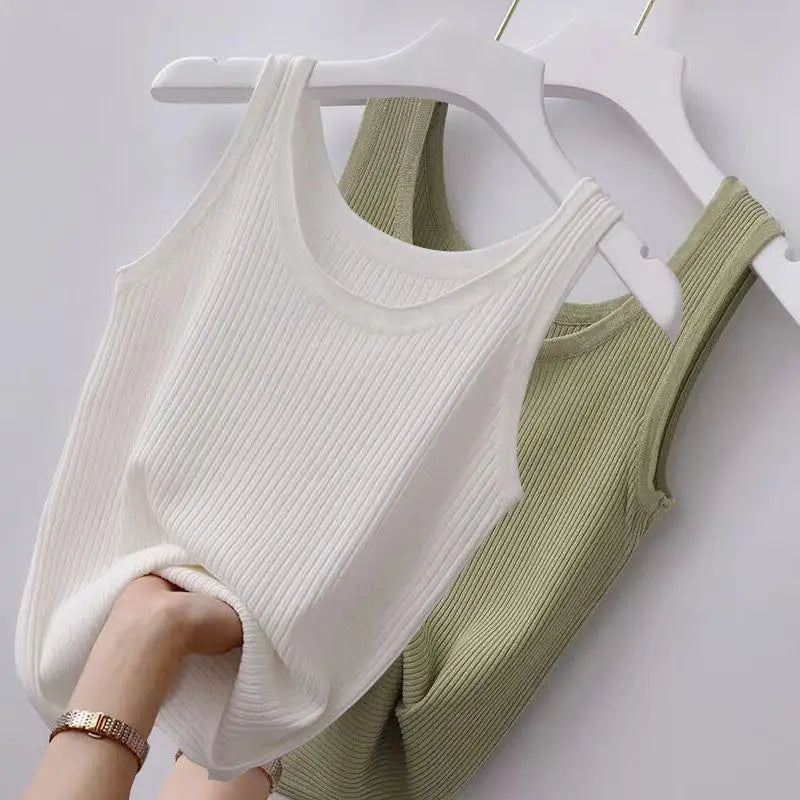 Summer Knit Vest Top sexy Sleeveless O Neck Women Camisole Pure Color Black White t-shirt Solid Color Plus Size  Slim Tank Top