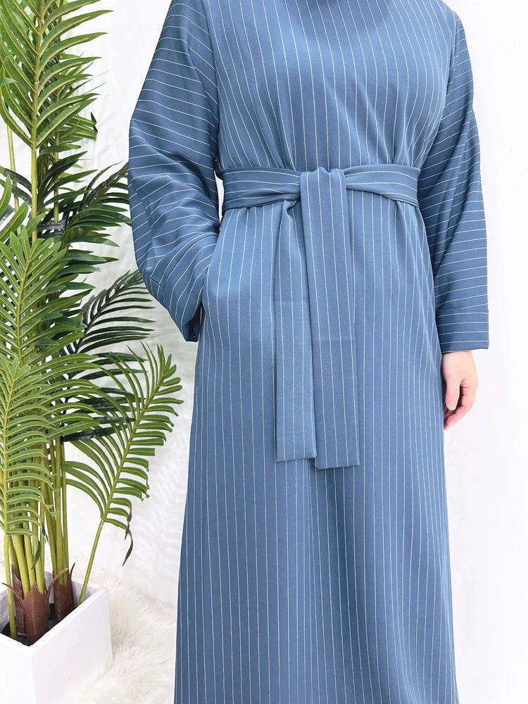 Pinstripe Muslim Woman Dress Loose Casual Islamic Clothing Dubai Abaya Side Pockets Modest Outfits Ramadan Eid Kaftan Autumn