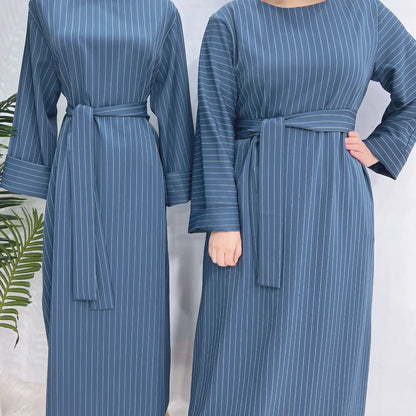 Pinstripe Muslim Woman Dress Loose Casual Islamic Clothing Dubai Abaya Side Pockets Modest Outfits Ramadan Eid Kaftan Autumn