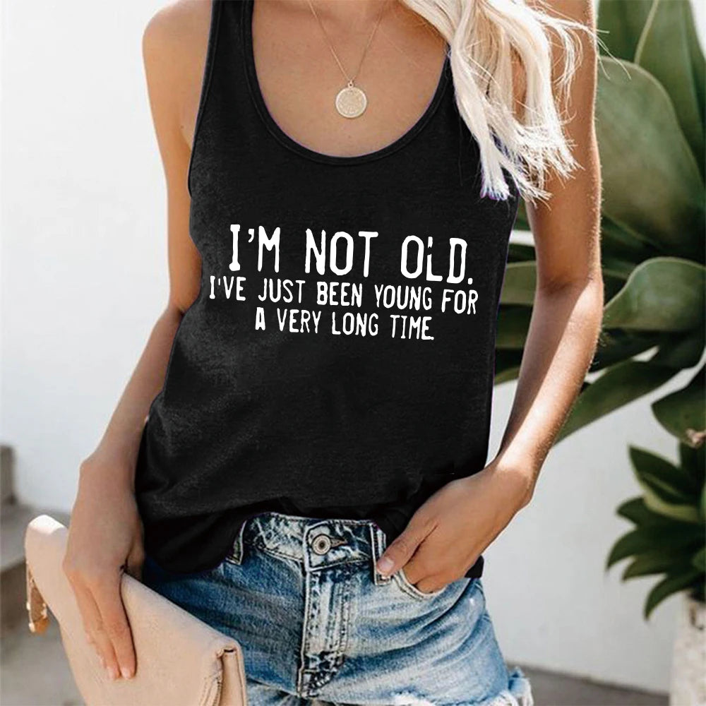 Altasawuq Seeyoushy Harajuku New Women Tank Tops I'm Not Old I've Just Been Young for A Very Long Time Print Sleeveless Sports Hurdle Vest