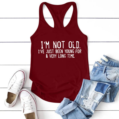 Altasawuq Seeyoushy Harajuku New Women Tank Tops I'm Not Old I've Just Been Young for A Very Long Time Print Sleeveless Sports Hurdle Vest