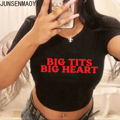 Altasawuq Big Tits Big Heart Print Pattern New Summer Short Sleeve O Neck Cropped Navel Women Crop Tops Fashion T-Shirt