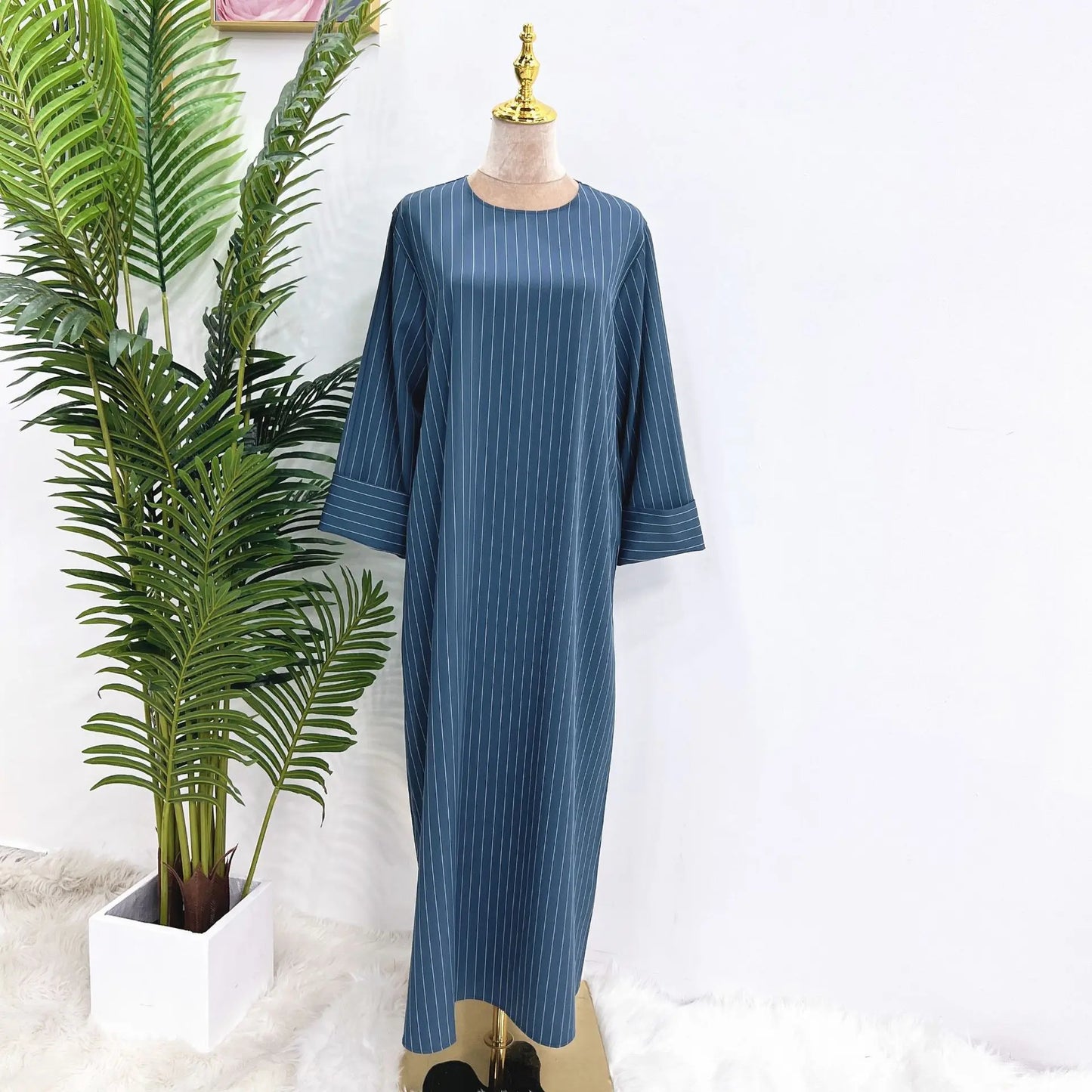 Pinstripe Muslim Woman Dress Loose Casual Islamic Clothing Dubai Abaya Side Pockets Modest Outfits Ramadan Eid Kaftan Autumn