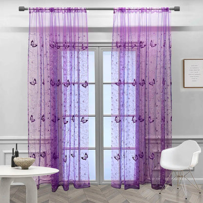 Altasawuq Romantic Modern Embroidered Sequins Butterfly Rustic Sheer Purple Voile Curtains for Living Room Bedroom Kitchen