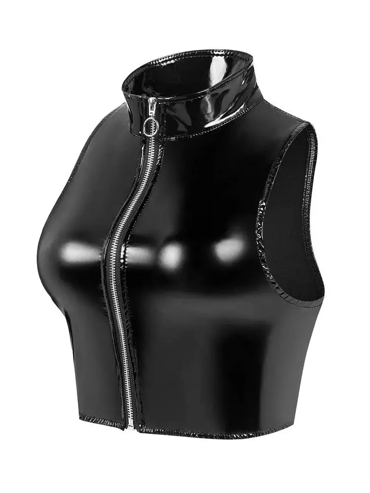 Altasawuq S-3XL Wet Look PVC Bustier Tank Top Shiny PU Leather Crop Tops Sleeveless Zipper Vest Camis Tights Sexy Clubwear Croptop Cropped