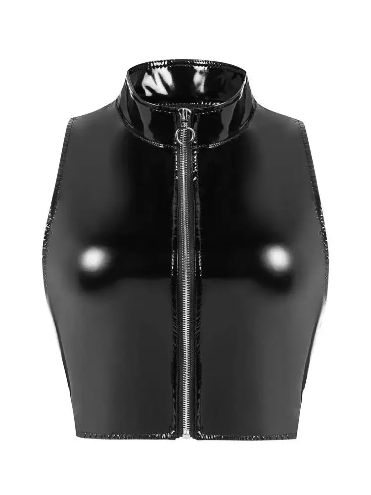 Altasawuq S-3XL Wet Look PVC Bustier Tank Top Shiny PU Leather Crop Tops Sleeveless Zipper Vest Camis Tights Sexy Clubwear Croptop Cropped