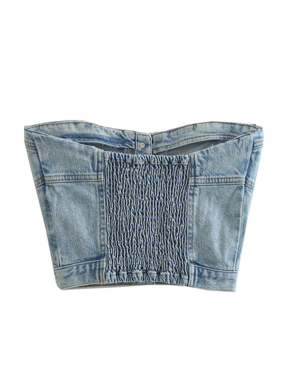 Altasawuq Women Y2K Denim Crop Top Vest Chic Backless Off Shoulder Strapless Corset Tube Top Sexy Button Up Jeans Top