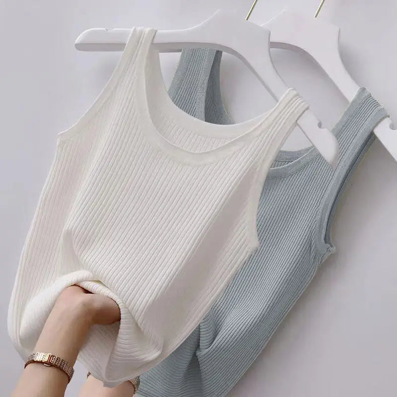 Summer Knit Vest Top sexy Sleeveless O Neck Women Camisole Pure Color Black White t-shirt Solid Color Plus Size  Slim Tank Top