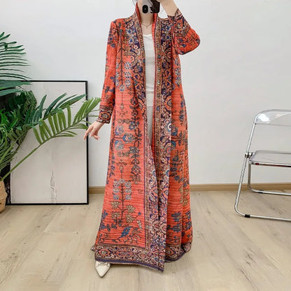 Mosong Fashion Miyake Pleated  2024 Temperament thin women's trench coat Long sleeve over knee mid-length printed women's Abaya