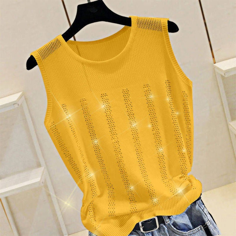 Altasawuq Women Short Sexy Top Basic Tanks Hollow Out Shiny Sleeveless Tops Vest 2022 Summer Slim Open Back Vest Ladies Vest