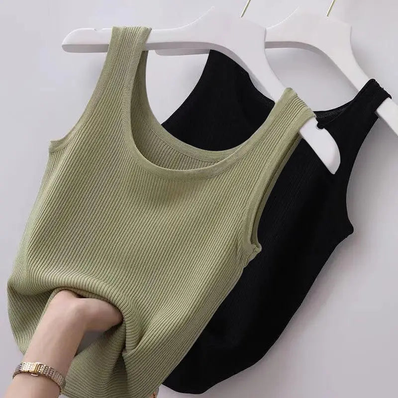 Summer Knit Vest Top sexy Sleeveless O Neck Women Camisole Pure Color Black White t-shirt Solid Color Plus Size  Slim Tank Top