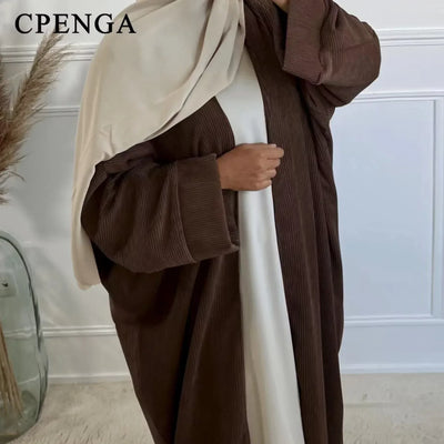Altasawuq New Winter Corduroy Coat for Women Warm Thick Kimono Cardigan Arab Turkey Modest Abaya Islam Clothing Femme Retro Robe