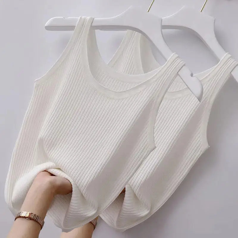 Summer Knit Vest Top sexy Sleeveless O Neck Women Camisole Pure Color Black White t-shirt Solid Color Plus Size  Slim Tank Top