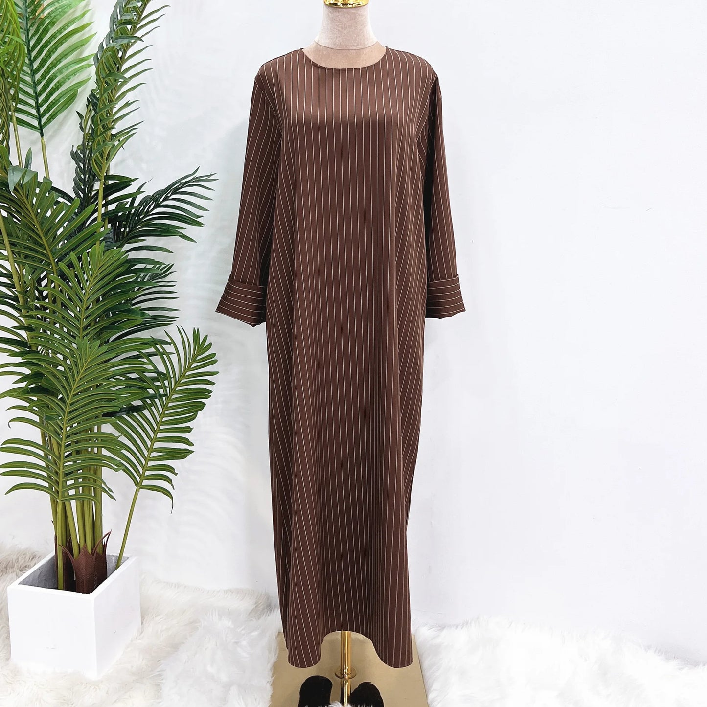 Pinstripe Muslim Woman Dress Loose Casual Islamic Clothing Dubai Abaya Side Pockets Modest Outfits Ramadan Eid Kaftan Autumn