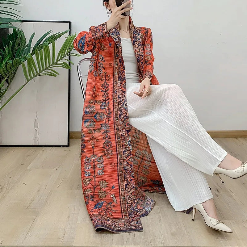 Mosong Fashion Miyake Pleated  2024 Temperament thin women's trench coat Long sleeve over knee mid-length printed women's Abaya