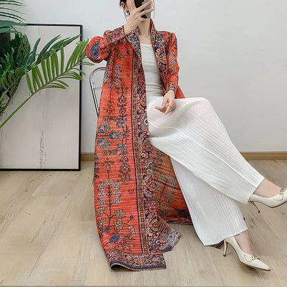 Mosong Fashion Miyake Pleated  2024 Temperament thin women's trench coat Long sleeve over knee mid-length printed women's Abaya