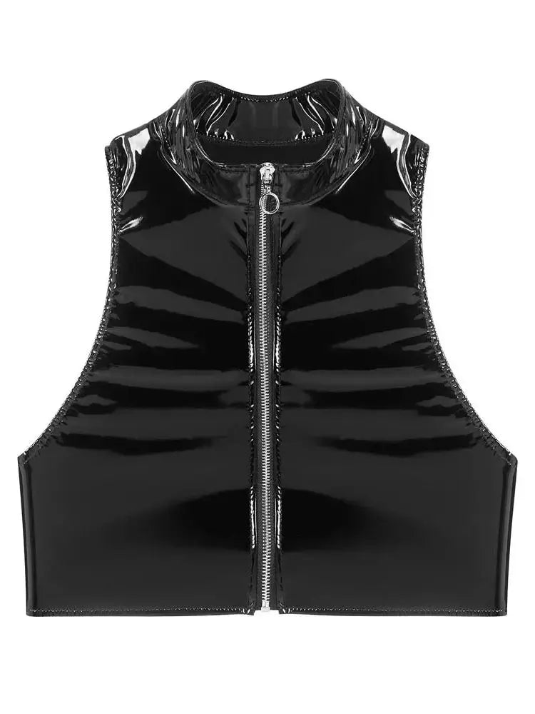 Altasawuq S-3XL Wet Look PVC Bustier Tank Top Shiny PU Leather Crop Tops Sleeveless Zipper Vest Camis Tights Sexy Clubwear Croptop Cropped