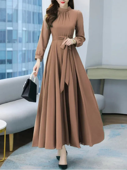 Altasawuq Spring Autumn Long Dresses Fashion Female Vintage Full Sleeve Solid A-line Casual Chiffon Dress Women Maxi Dresses Muslim Dress