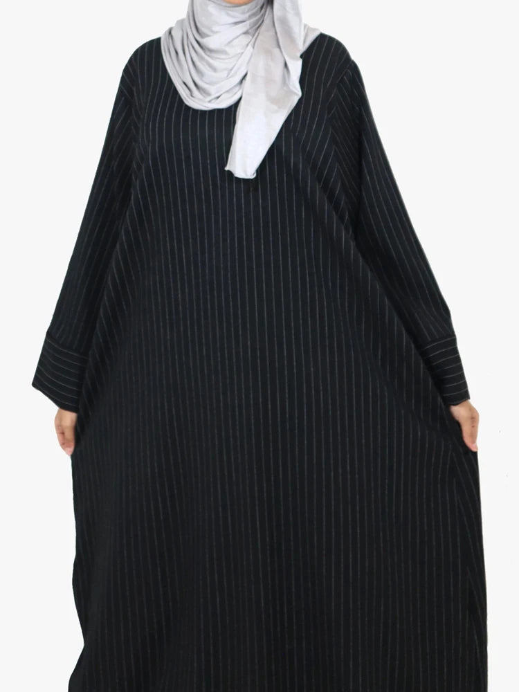 Pinstripe Muslim Woman Dress Loose Casual Islamic Clothing Dubai Abaya Side Pockets Modest Outfits Ramadan Eid Kaftan Autumn