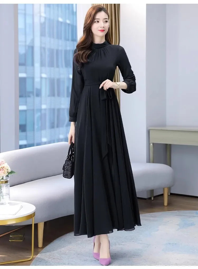 Altasawuq Spring Autumn Long Dresses Fashion Female Vintage Full Sleeve Solid A-line Casual Chiffon Dress Women Maxi Dresses Muslim Dress