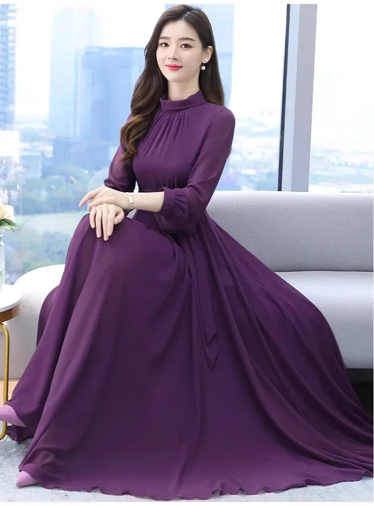 Altasawuq Spring Autumn Long Dresses Fashion Female Vintage Full Sleeve Solid A-line Casual Chiffon Dress Women Maxi Dresses Muslim Dress