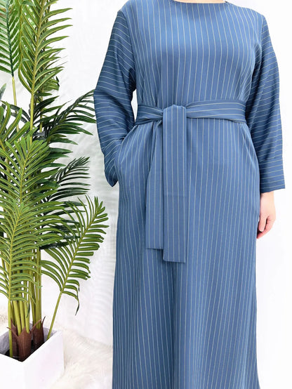 Pinstripe Muslim Woman Dress Loose Casual Islamic Clothing Dubai Abaya Side Pockets Modest Outfits Ramadan Eid Kaftan Autumn