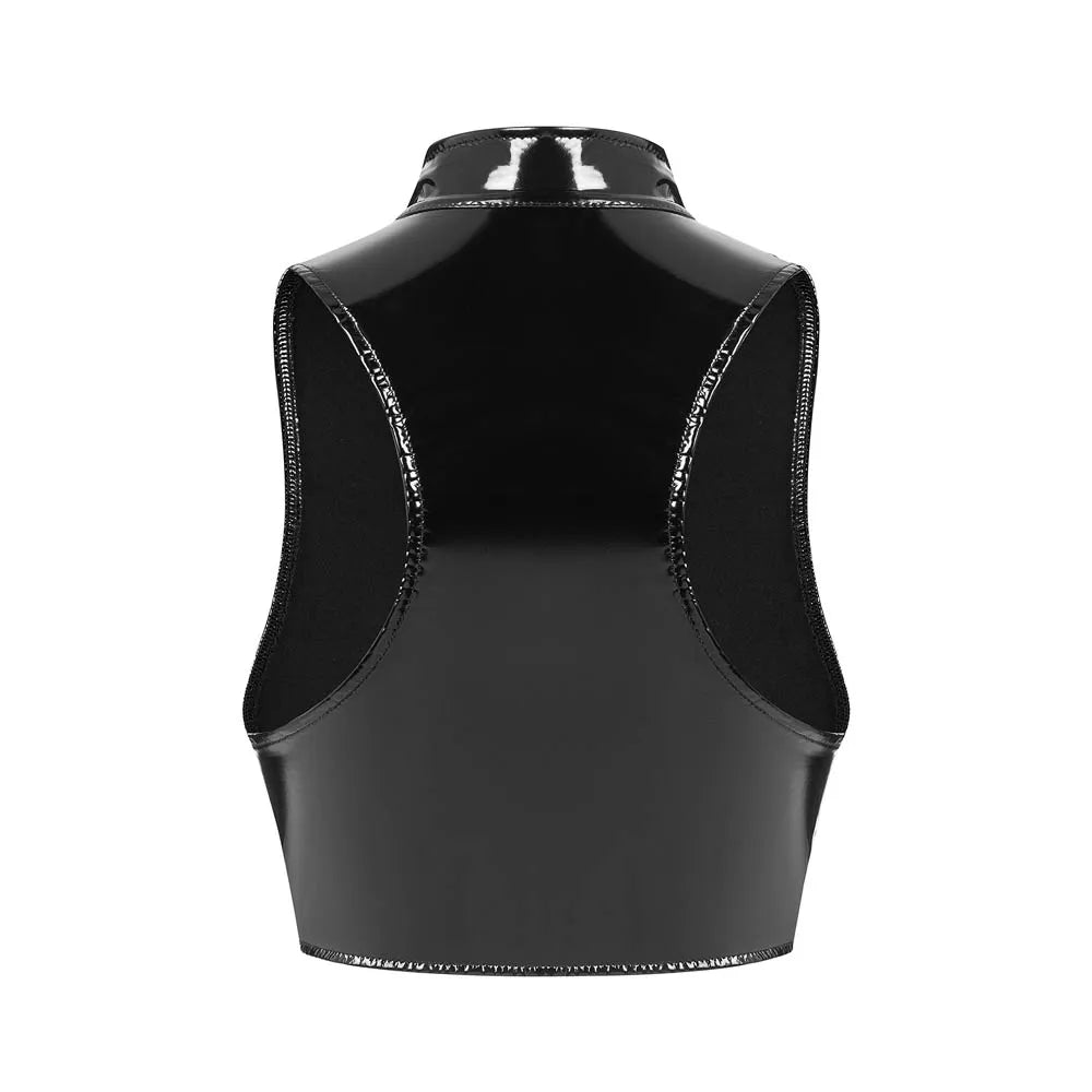 Altasawuq S-3XL Wet Look PVC Bustier Tank Top Shiny PU Leather Crop Tops Sleeveless Zipper Vest Camis Tights Sexy Clubwear Croptop Cropped