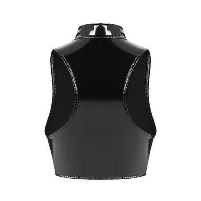 Altasawuq S-3XL Wet Look PVC Bustier Tank Top Shiny PU Leather Crop Tops Sleeveless Zipper Vest Camis Tights Sexy Clubwear Croptop Cropped