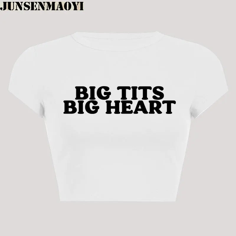 Altasawuq Big Tits Big Heart Print Pattern New Summer Short Sleeve O Neck Cropped Navel Women Crop Tops Fashion T-Shirt