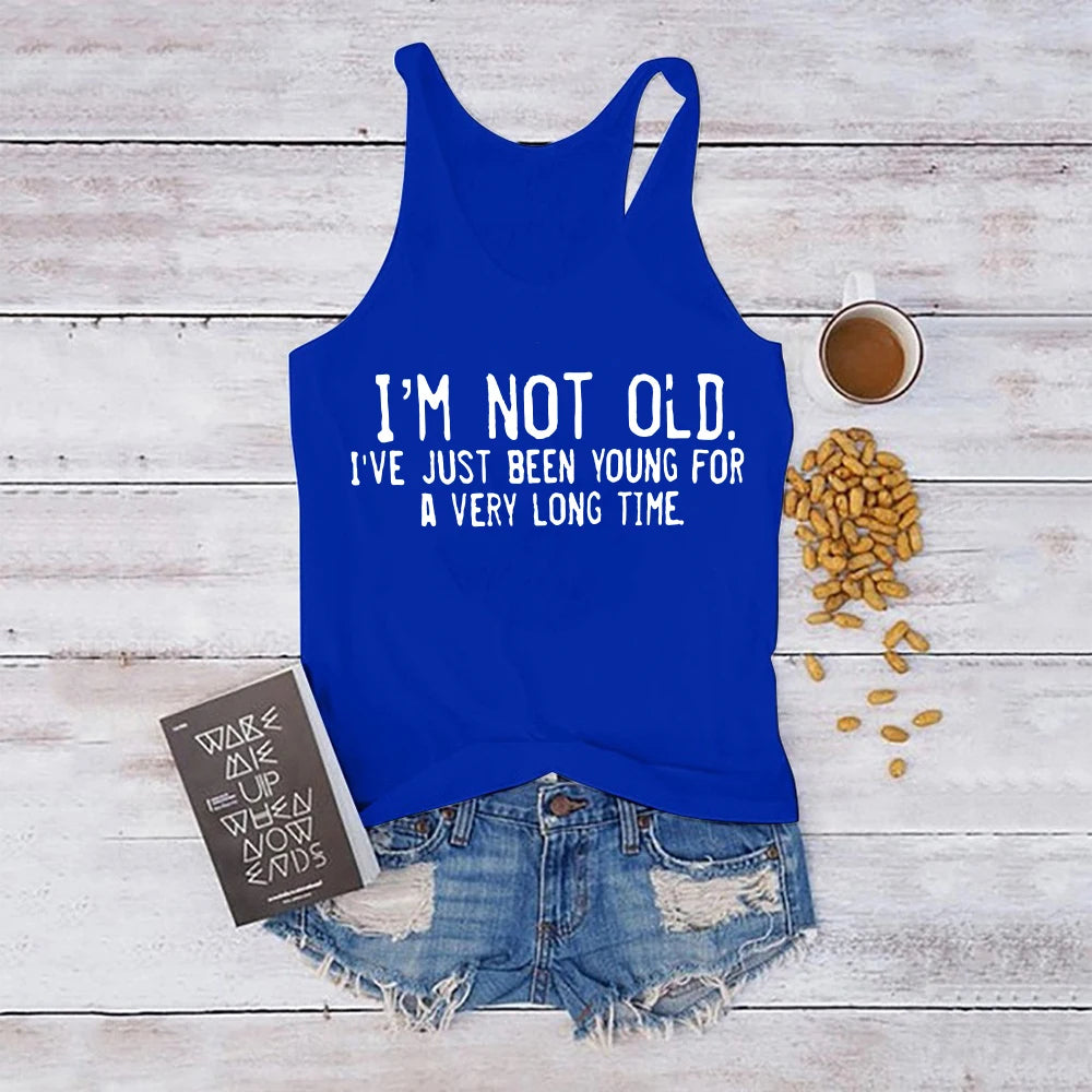 Altasawuq Seeyoushy Harajuku New Women Tank Tops I'm Not Old I've Just Been Young for A Very Long Time Print Sleeveless Sports Hurdle Vest