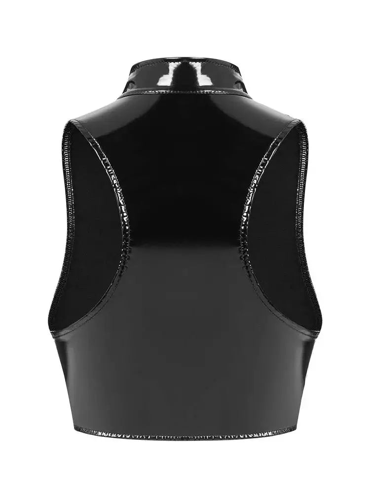 Altasawuq S-3XL Wet Look PVC Bustier Tank Top Shiny PU Leather Crop Tops Sleeveless Zipper Vest Camis Tights Sexy Clubwear Croptop Cropped