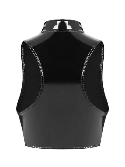 Altasawuq S-3XL Wet Look PVC Bustier Tank Top Shiny PU Leather Crop Tops Sleeveless Zipper Vest Camis Tights Sexy Clubwear Croptop Cropped