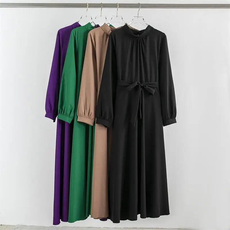 Altasawuq Spring Autumn Long Dresses Fashion Female Vintage Full Sleeve Solid A-line Casual Chiffon Dress Women Maxi Dresses Muslim Dress