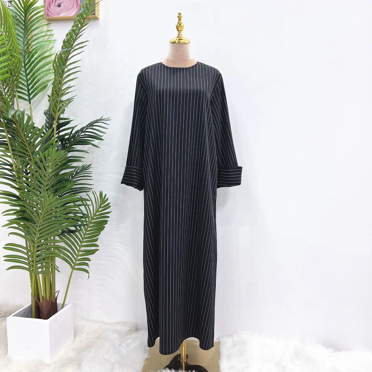 Pinstripe Muslim Woman Dress Loose Casual Islamic Clothing Dubai Abaya Side Pockets Modest Outfits Ramadan Eid Kaftan Autumn