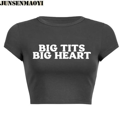 Altasawuq Big Tits Big Heart Print Pattern New Summer Short Sleeve O Neck Cropped Navel Women Crop Tops Fashion T-Shirt