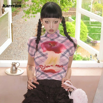 Altasawuq Karrram Japanese Y2k Graphic T-shirt Trashy 2000s Short Sleeve Crop Top Grunge Aesthetics Pleated T Shirts Vintage Harajuku 90s