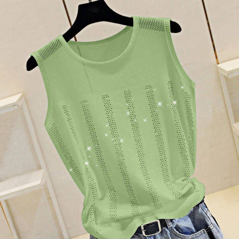 Altasawuq Women Short Sexy Top Basic Tanks Hollow Out Shiny Sleeveless Tops Vest 2022 Summer Slim Open Back Vest Ladies Vest