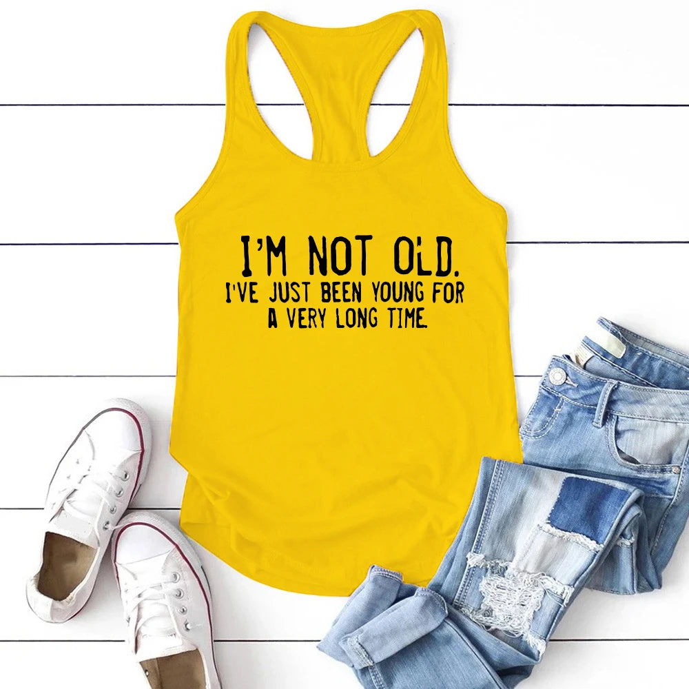 Altasawuq Seeyoushy Harajuku New Women Tank Tops I'm Not Old I've Just Been Young for A Very Long Time Print Sleeveless Sports Hurdle Vest