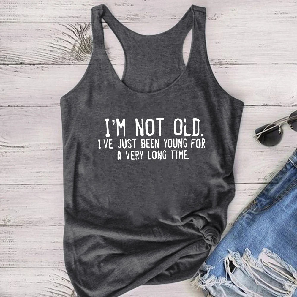 Altasawuq Seeyoushy Harajuku New Women Tank Tops I'm Not Old I've Just Been Young for A Very Long Time Print Sleeveless Sports Hurdle Vest