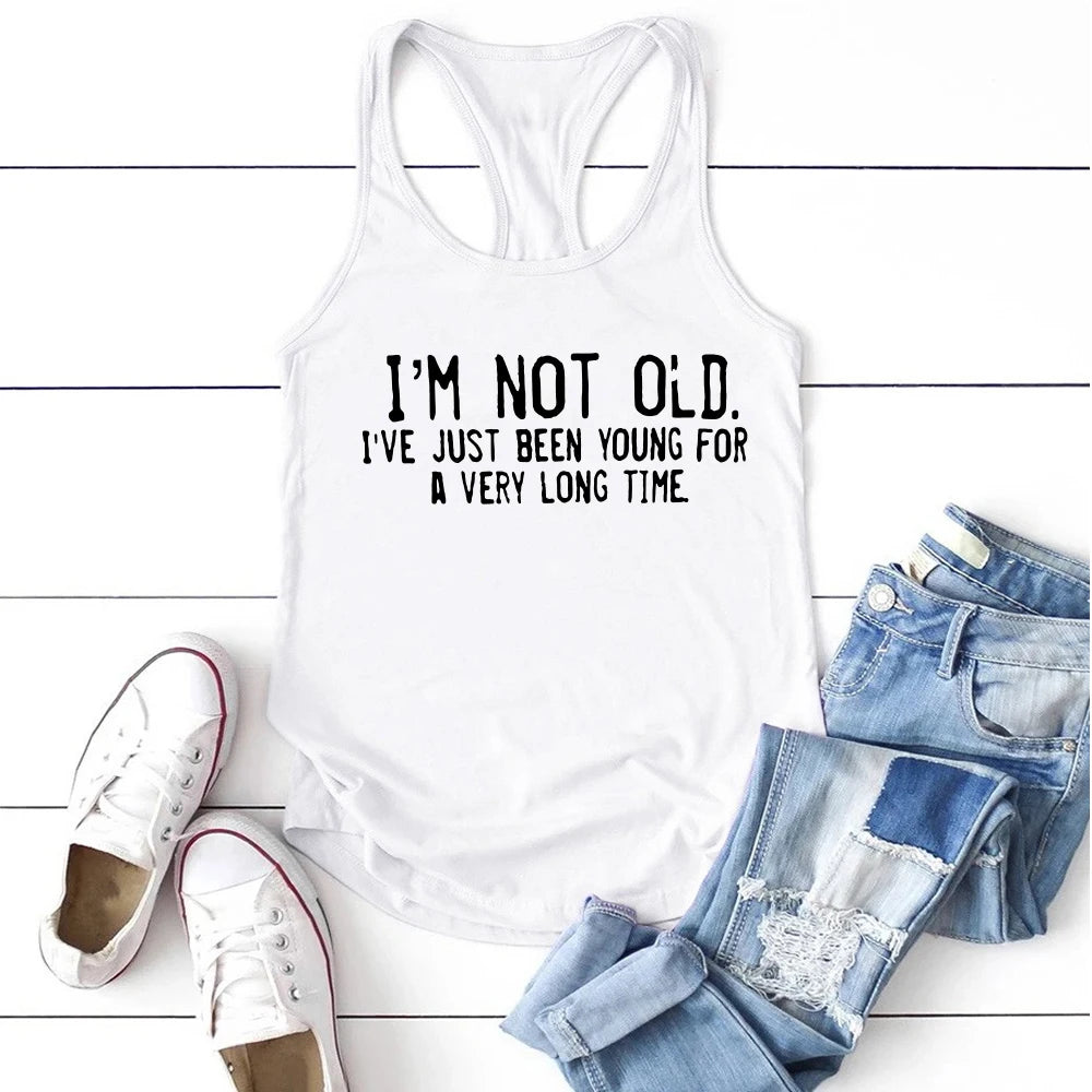 Altasawuq Seeyoushy Harajuku New Women Tank Tops I'm Not Old I've Just Been Young for A Very Long Time Print Sleeveless Sports Hurdle Vest