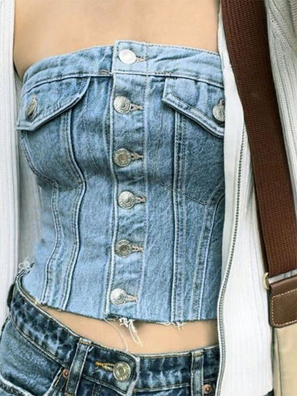 Altasawuq Women Y2K Denim Crop Top Vest Chic Backless Off Shoulder Strapless Corset Tube Top Sexy Button Up Jeans Top