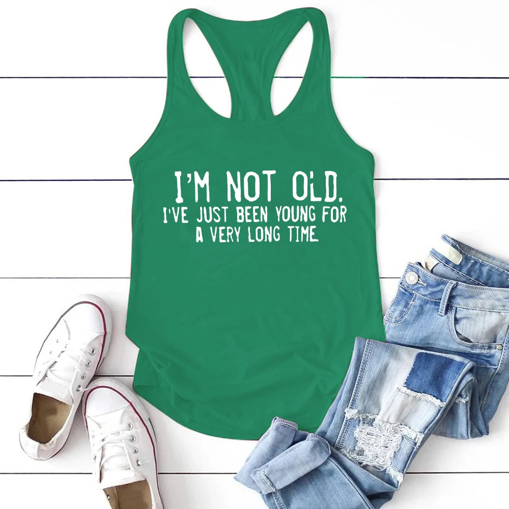 Altasawuq Seeyoushy Harajuku New Women Tank Tops I'm Not Old I've Just Been Young for A Very Long Time Print Sleeveless Sports Hurdle Vest