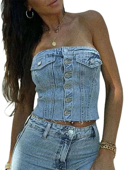 Altasawuq Women Y2K Denim Crop Top Vest Chic Backless Off Shoulder Strapless Corset Tube Top Sexy Button Up Jeans Top