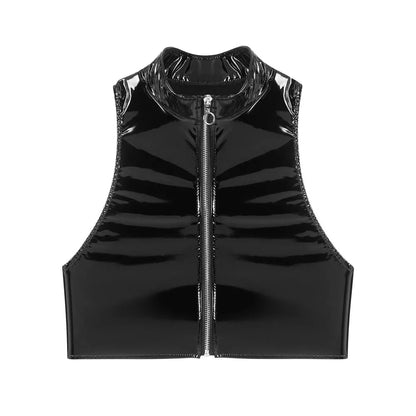 Altasawuq S-3XL Wet Look PVC Bustier Tank Top Shiny PU Leather Crop Tops Sleeveless Zipper Vest Camis Tights Sexy Clubwear Croptop Cropped